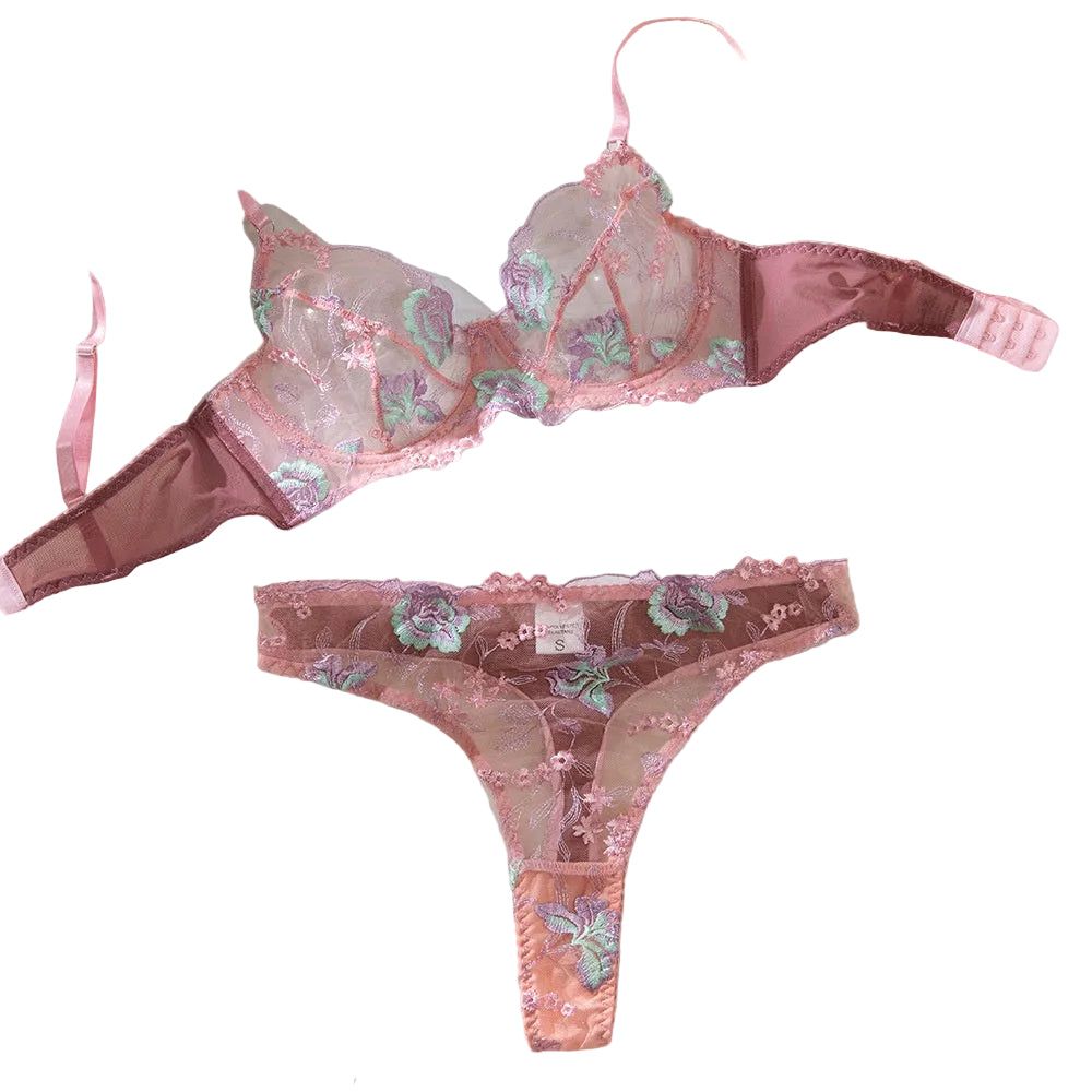 House Of Dasein Lace Embroidery Women's Bra Flower Advanced Craft Steel Ring Gathered Sexy Lingerie Set - Pink - L