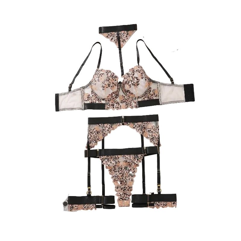 House Of Dasein 5 Set Embroidered Leopard Print Lingerie - Black Leopard Pattern Color - L