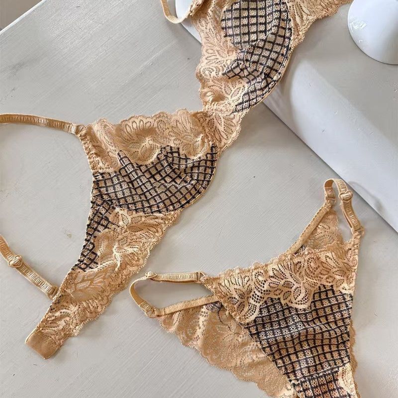 Ultra Thin Lace Bra Set Without Sponge Large Chest Looks Small Sexy - Khaki - S