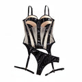 House Of Dasein Sexy Leather Fabric Spliced Mesh Suspender Lingerie Three Piece Set - Black Skin Color - L