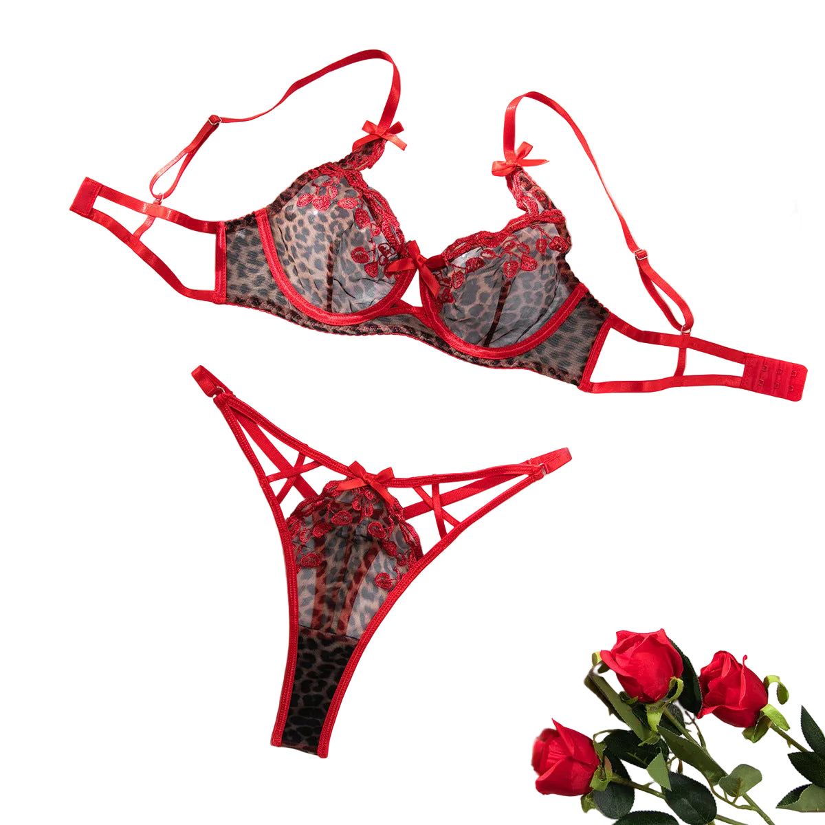 House Of Dasein Sexy Leopard Print Red Embroidered Cherry Thin Push-Up Bow Bra Women's Two-Piece Set - Red - Xs
