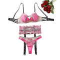 House Of Dasein Sexy Mesh Perspective Embroidery Flower Gathering Fun Underwear 3-Piece Set - Black Pink - M