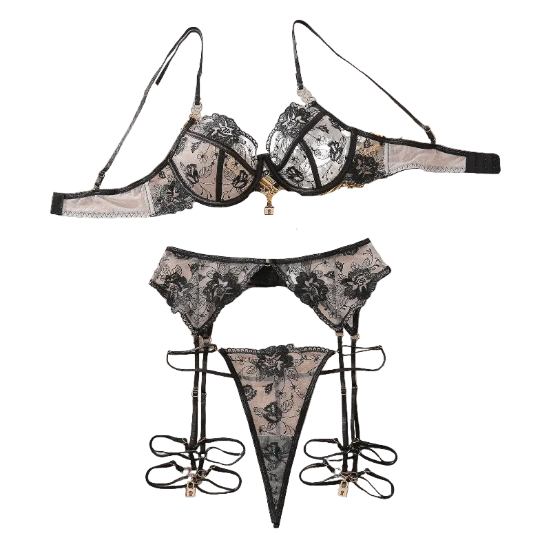 House Of Dasein Perspective Embroidery Sexy Lingerie Garter Belt Leg Ring Three Piece Set With Steel - Black - M
