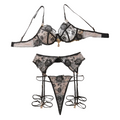 House Of Dasein Perspective Embroidery Sexy Lingerie Garter Belt Leg Ring Three Piece Set With Steel - Black - S