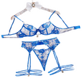 House Of Dasein Perspective Embroidery Sexy Lingerie Garter Belt Leg Ring Three Piece Set With Steel - Blue - L