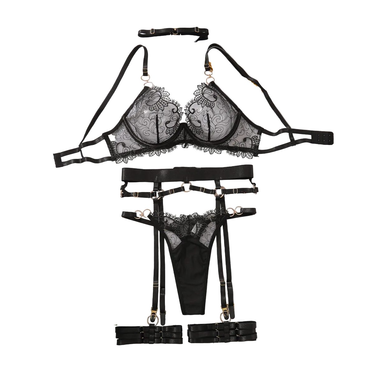 House Of Dasein Female Deep V-Belt Lingerie Set With Steel Ring Sexy Low Cut Seductive Bra - Black - S
