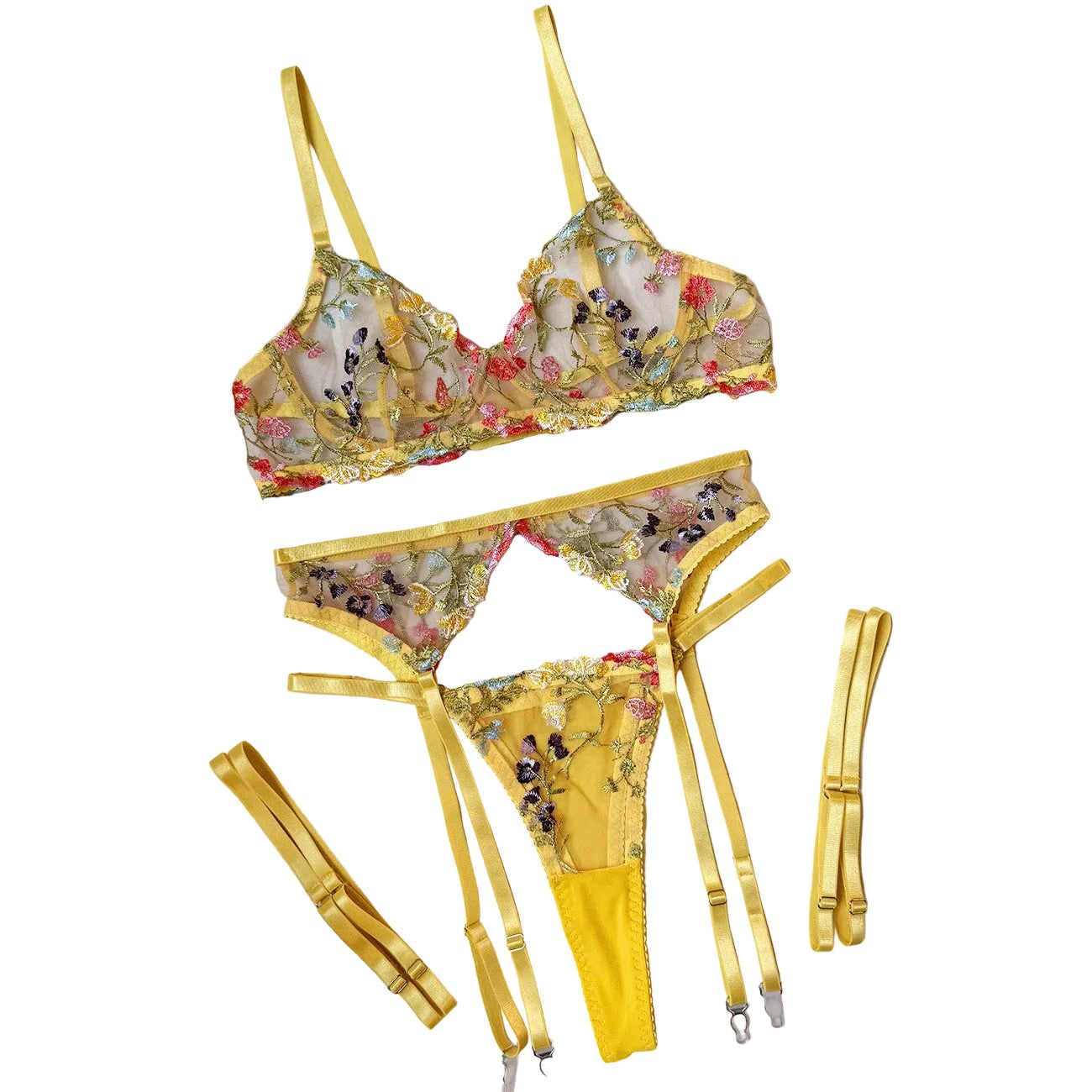 House Of Dasein Transparent Floral Embroidered Lingerie Set Exquisite And Sexy Underwear - S