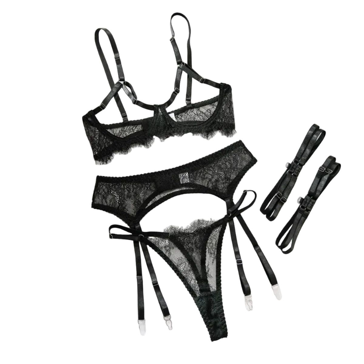 House Of Dasein Sexy Black Lace Hollow-Out No-Removal Passion Temptation Erotic Underwear Four-Piece Set - Black - S