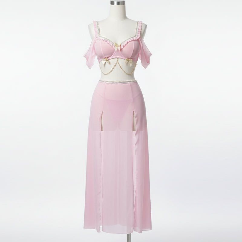House Of Dasein Sexy Bow Chain Strap Pure Desire High Slit Dress Lingerie Set - Pink - M