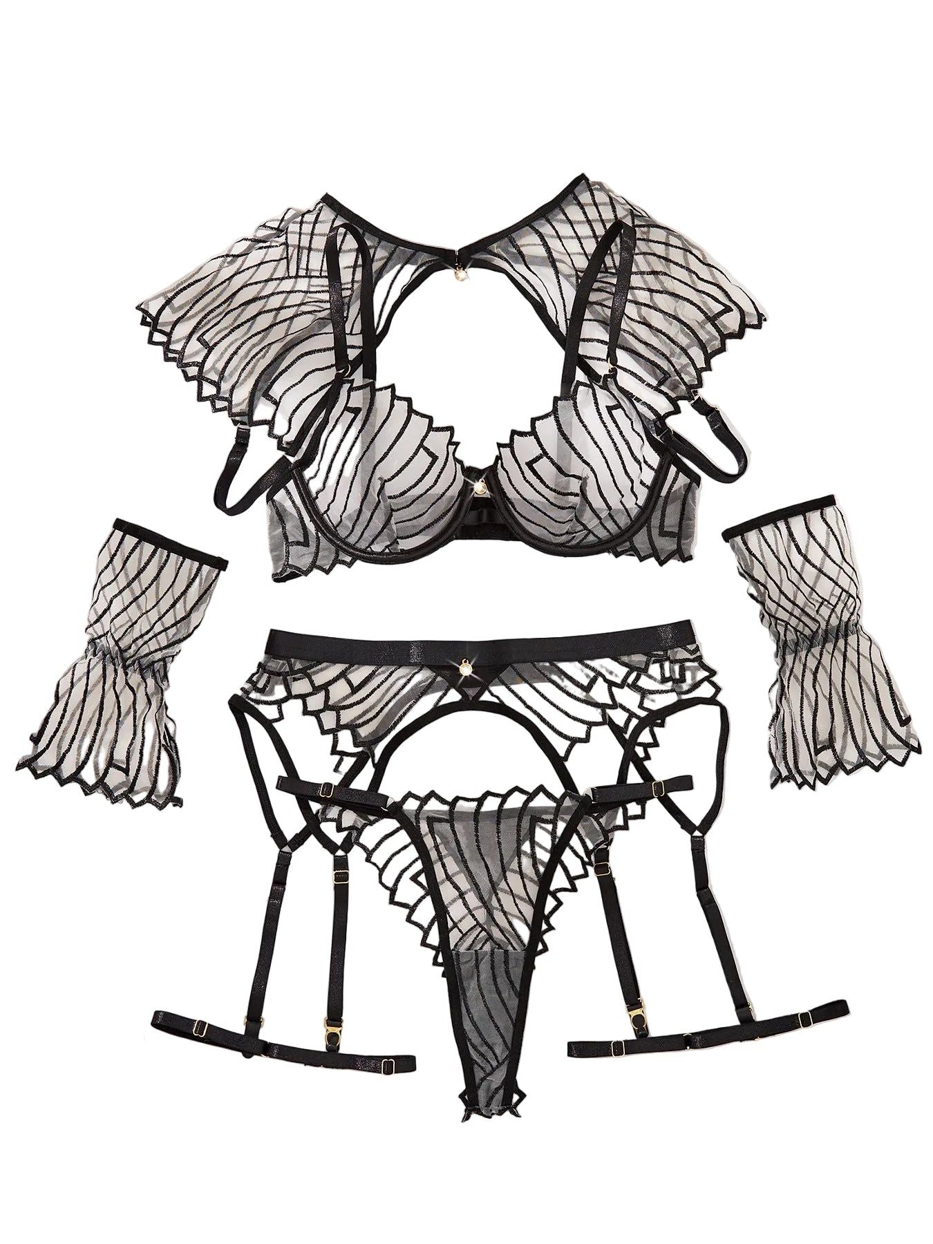 New Perspective Design Embroidered Shawl Garter Belt Sexy Underwear Six Piece Set - Black Skin Color - M
