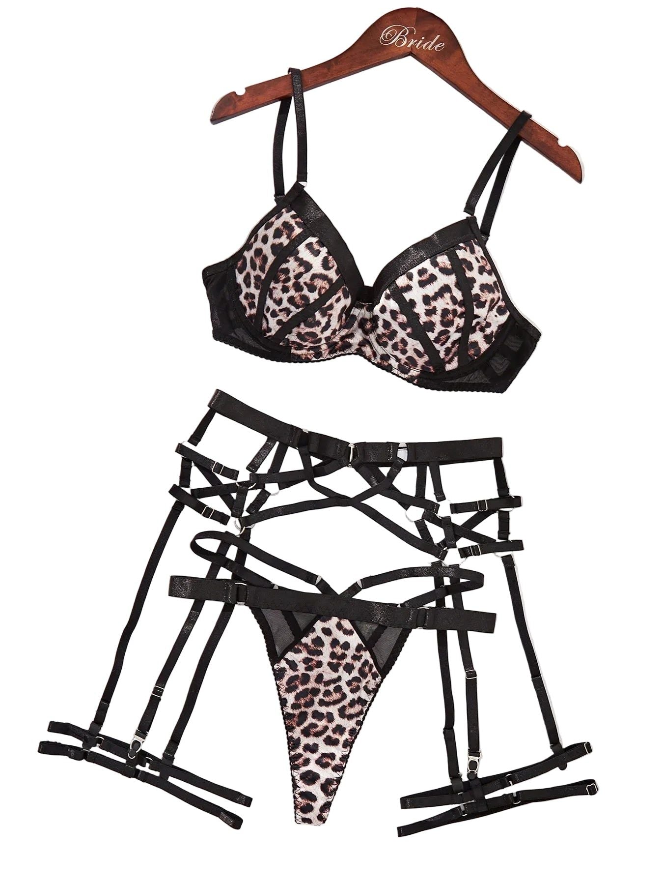 House Of Dasein Sexy Bra Set With Leopard Pattern Splicing 4 Piece - S