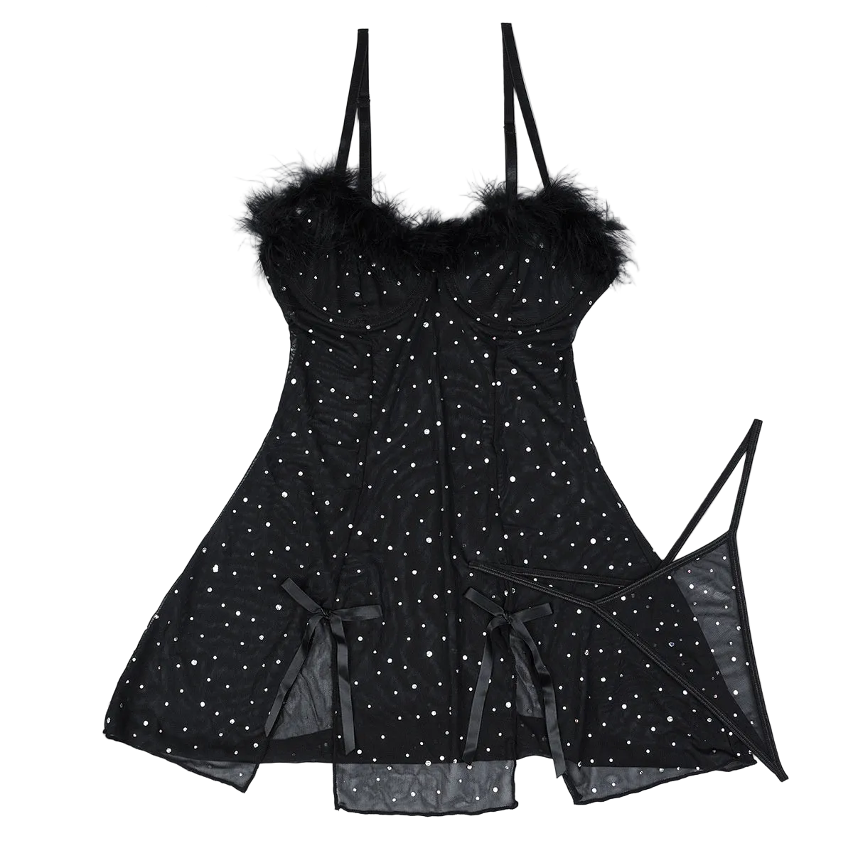 House Of Dasein Sexy Rhinestone Crystal Feather Splicing Sheer Mesh Slit Dress Two Piece Set For Women - Black - S