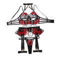 House Of Dasein Sexy Lingerie Embroidery Flower Tie Cross Hollow Perspective Five Piece Set - Black And Red - L