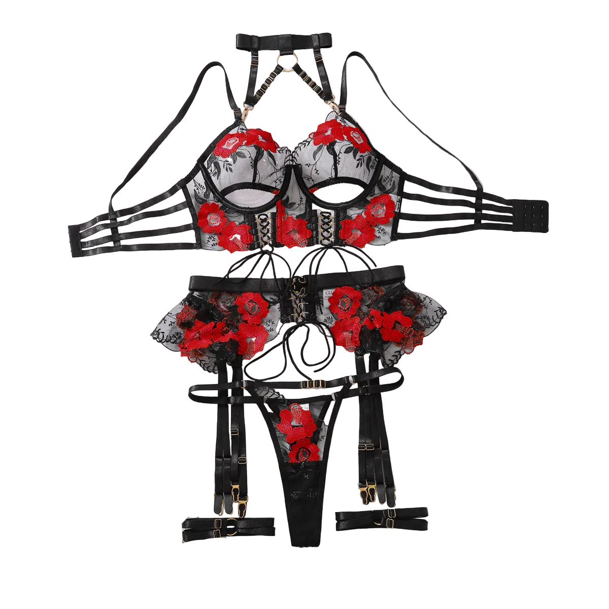 House Of Dasein Sexy Lingerie Embroidery Flower Tie Cross Hollow Perspective Five Piece Set - Black And Red - L