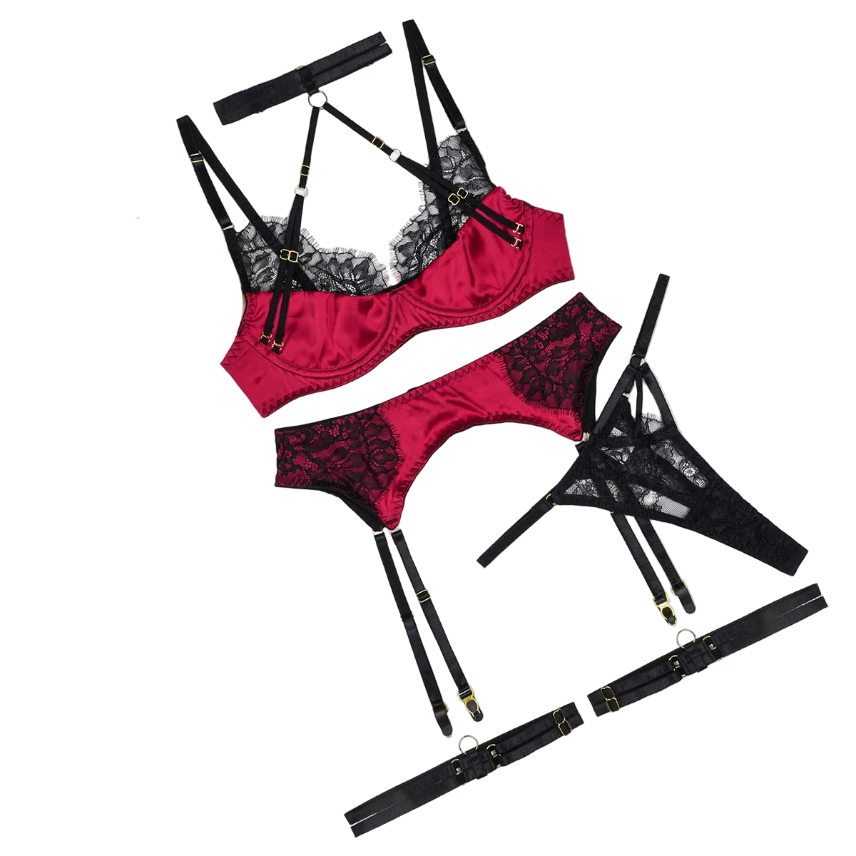 House Of Dasein Sexy Set Embroidered Splicing Lace Body Shaping Underwear Four Piece - Black And Red - M