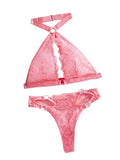 House Of Dasein Backless Sexy Bra With Floral Lace Hanging Neck Triangular Cup Lingerie Two-Piece Set For Women Pink - Pink - S