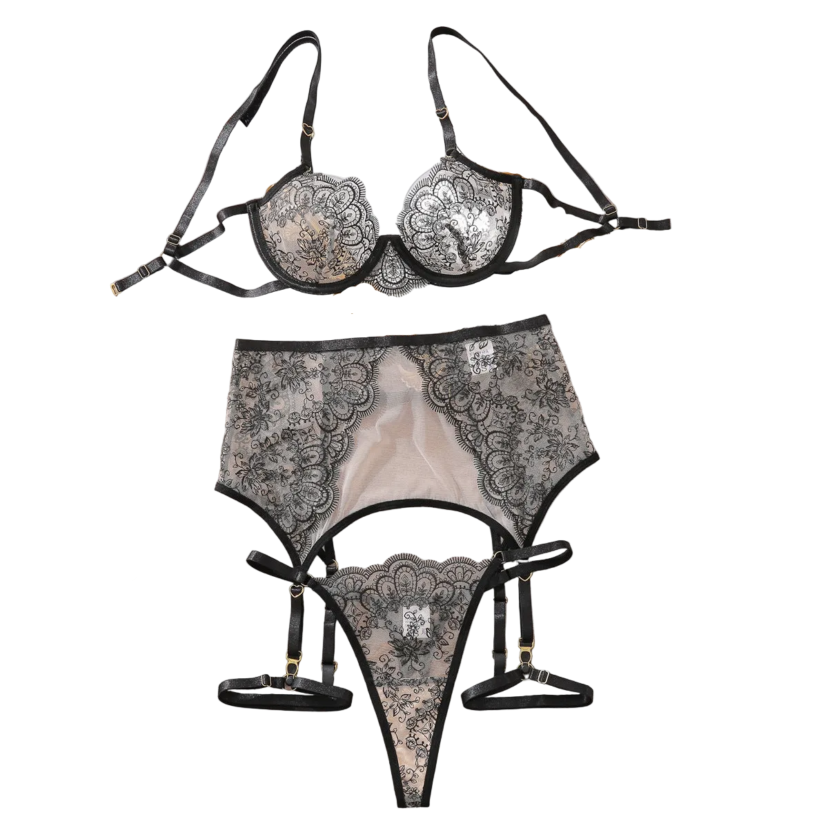 House Of Dasein Perspective Fun Set Embroidered Fishbone Lace Sexy Gathering Underwear Four Piece - Black Skin Color - M