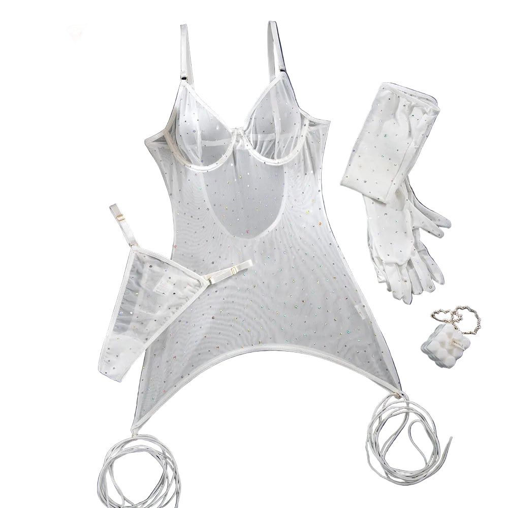 House Of Dasein Sequin Feature Women's Nightclub Style Push-Up Bra With Gloves And Wrist Straps Three-Piece Set - White Sequins - L