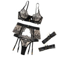 House Of Dasein Sexy Embroidered Complex Metal Buckle Lingerie Transparent Bra Front-Opening Four-Piece Set - Xl