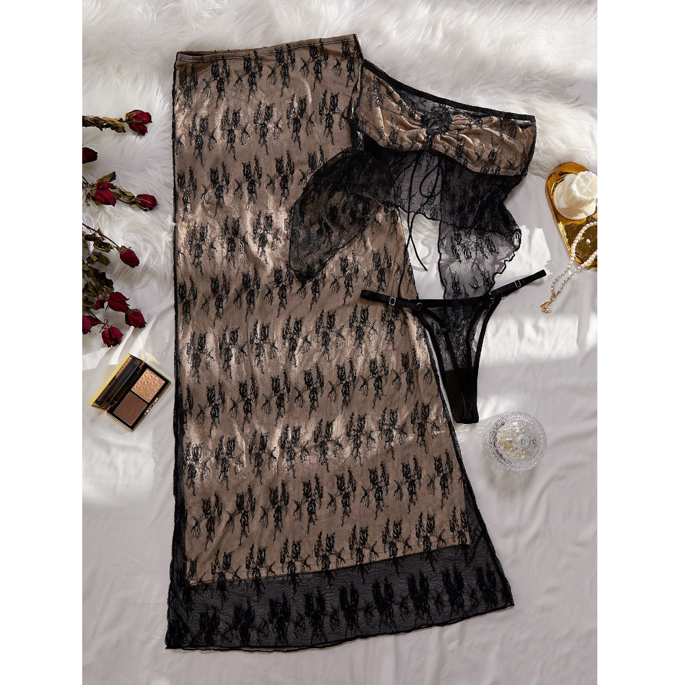 House Of Dasein Lace Embroidery Sexy Tie Strapless Floor Length Long Skirt Three Piece Set For Women - Black - L
