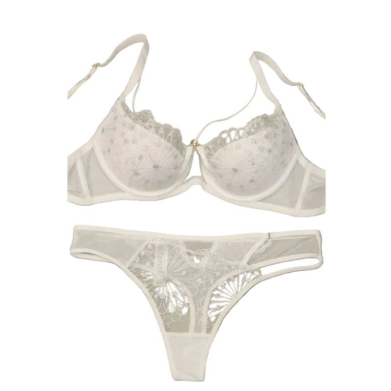 Summer Large Bust Minimizer Thin Bra Set With Side Support Anti-Sagging Soft Underwire Lingerie Push-Up - White - 90D