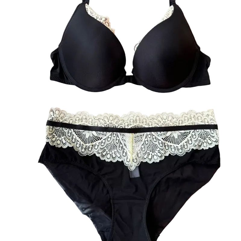 Sexy Women's Underwear Front Closure Backless Small Chest Gathering Bra Anti-Sagging Plus Size Lace Set - Black - L