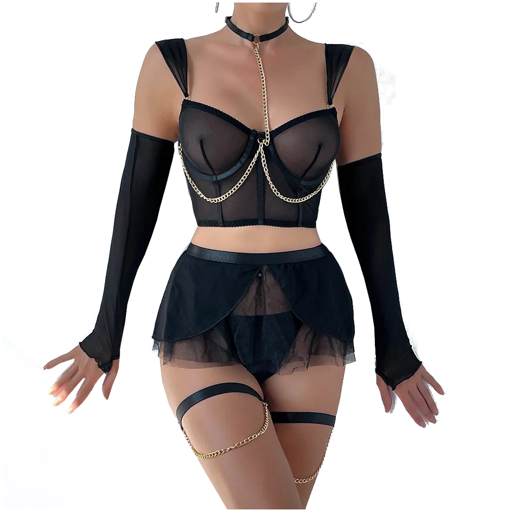 House Of Dasein Cross-Border Pure Desire Style Pink Sexy Transparent Mesh Skirt Uniform With Gloves Erotic Underwear Set - Black - L