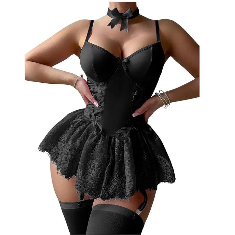 House Of Dasein Cross-Border Pure Desire Shapewear Jumpsuit With Suspender Stockings Set Erotic Lingerie Sexy Mesh Bow Suspenders Lace Dress - Black - Xl