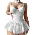 House Of Dasein Cross-Border Pure Desire Shapewear Jumpsuit With Suspender Stockings Set Erotic Lingerie Sexy Mesh Bow Suspenders Lace Dress - White - L