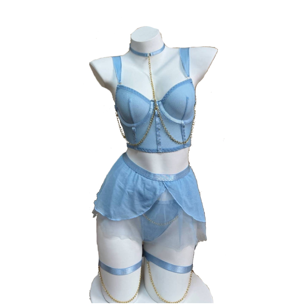 House Of Dasein Cross-Border Pure Desire Style Pink Sexy Transparent Mesh Skirt Uniform With Gloves Erotic Underwear Set - Light Blue - M