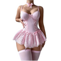 House Of Dasein Cross-Border Pure Desire Shapewear Jumpsuit With Suspender Stockings Set Erotic Lingerie Sexy Mesh Bow Suspenders Lace Dress - Pink - S