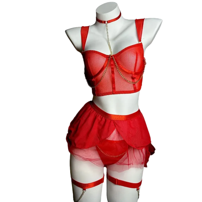 House Of Dasein Cross-Border Pure Desire Style Pink Sexy Transparent Mesh Skirt Uniform With Gloves Erotic Underwear Set - Red - S