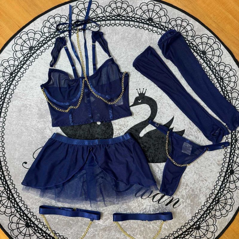 House Of Dasein Cross-Border Pure Desire Style Pink Sexy Transparent Mesh Skirt Uniform With Gloves Erotic Underwear Set - Navy Blue - Xs