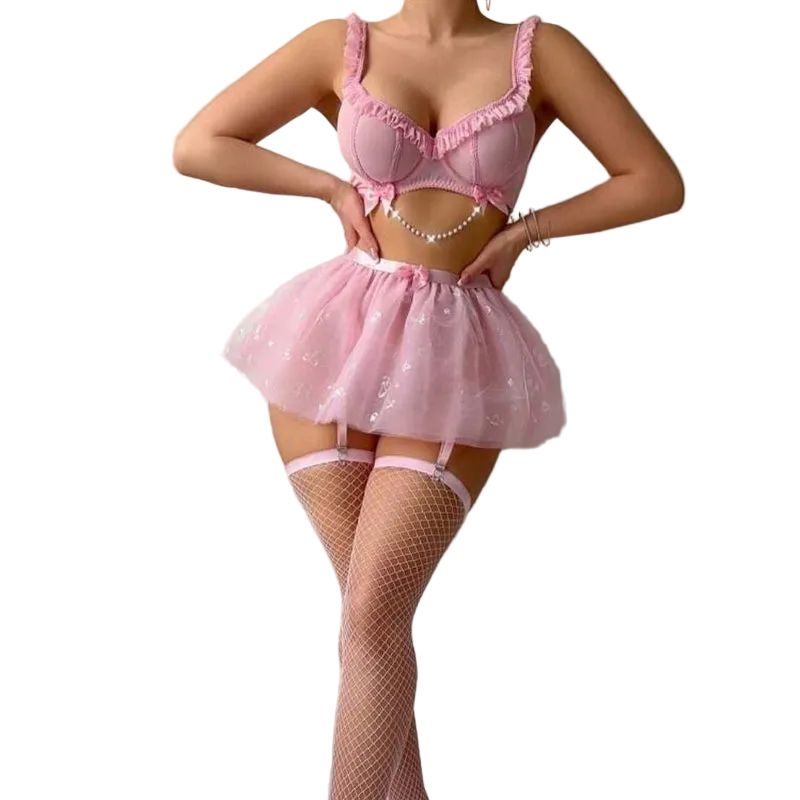 House Of Dasein Cross-Border Foreign Trade Fashion Simple Sexy Beaded Chain Transparent Mesh Pleated Lace Strap Lingerie Set - Pink - Xl