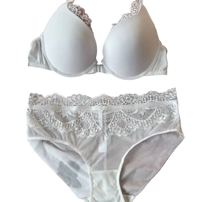 Sexy Women's Underwear Front Closure Backless Small Chest Gathering Bra Anti-Sagging Plus Size Lace Set - White - Xxl