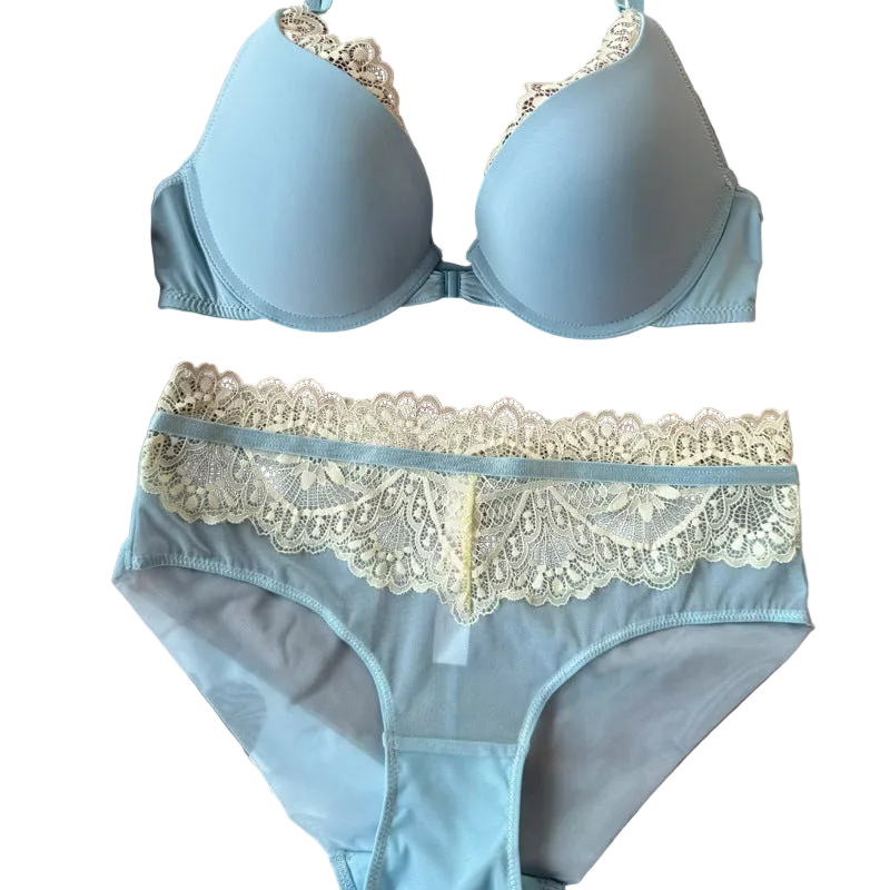 Sexy Women's Underwear Front Closure Backless Small Chest Gathering Bra Anti-Sagging Plus Size Lace Set - Sky Blue - S