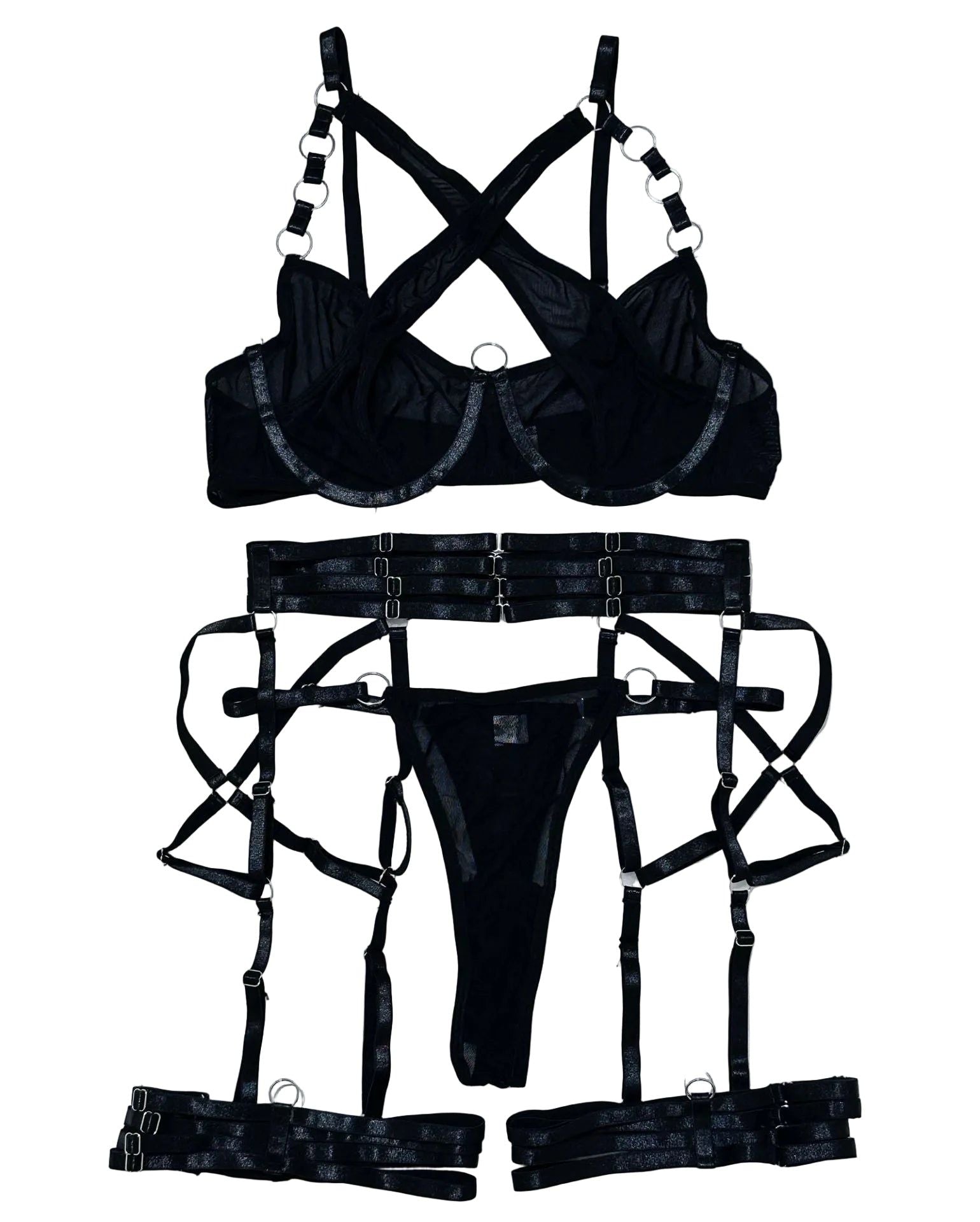 House Of Dasein Cross-Strap Neckline Underwear With Steel Ring Pure Desire Sexy Set For Women - Black - L