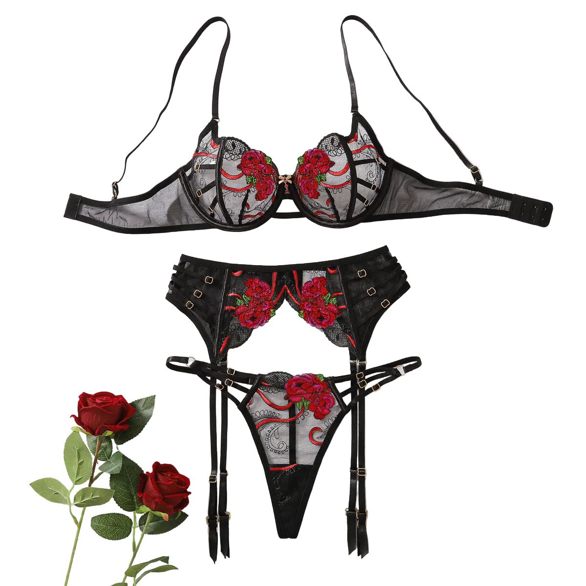 Embroidered Sexy Three-Point Style Erotic Lingerie Gathering Bra Piece Set - Black And Red - M
