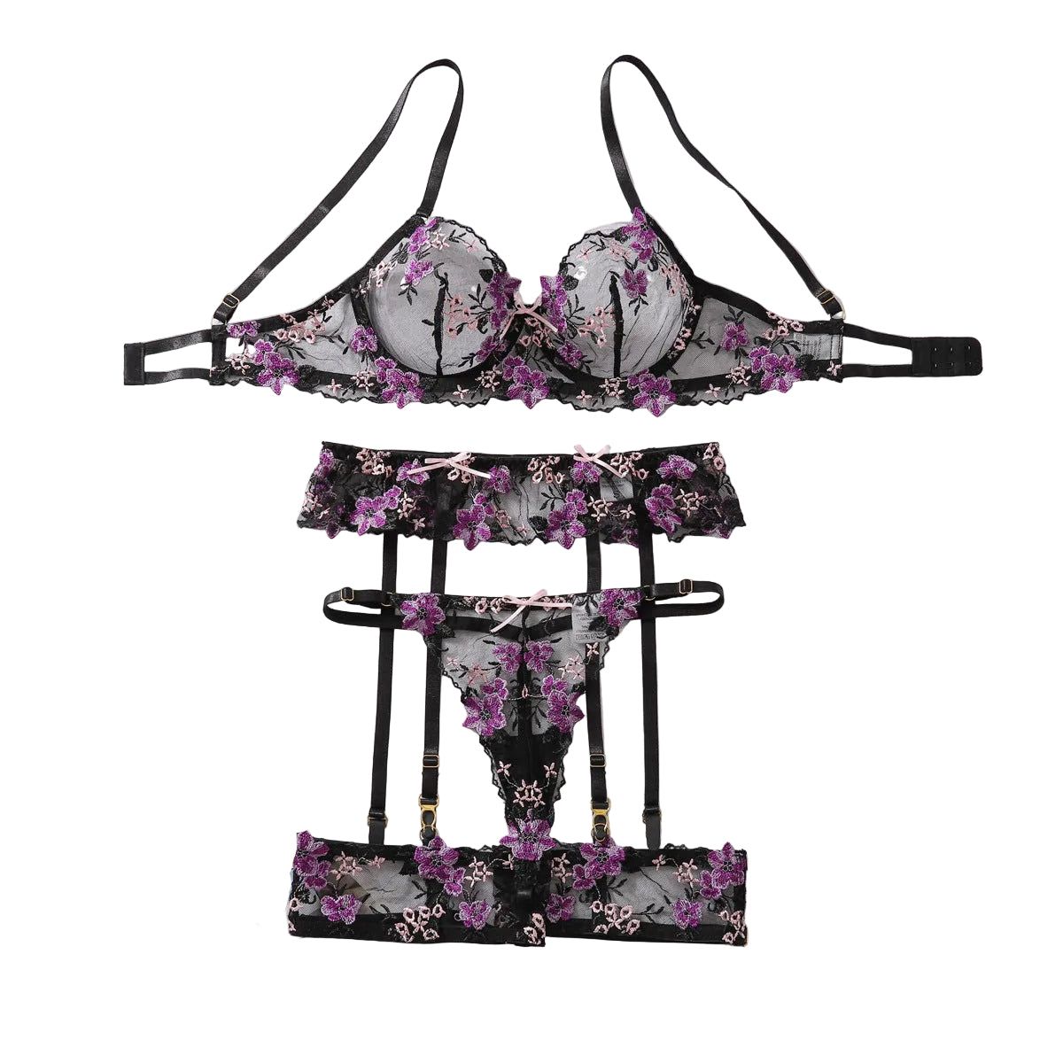 House Of Dasein Purple Sexy Lace Embroidered Bra Collar Underwear Set - Dark Purple - M