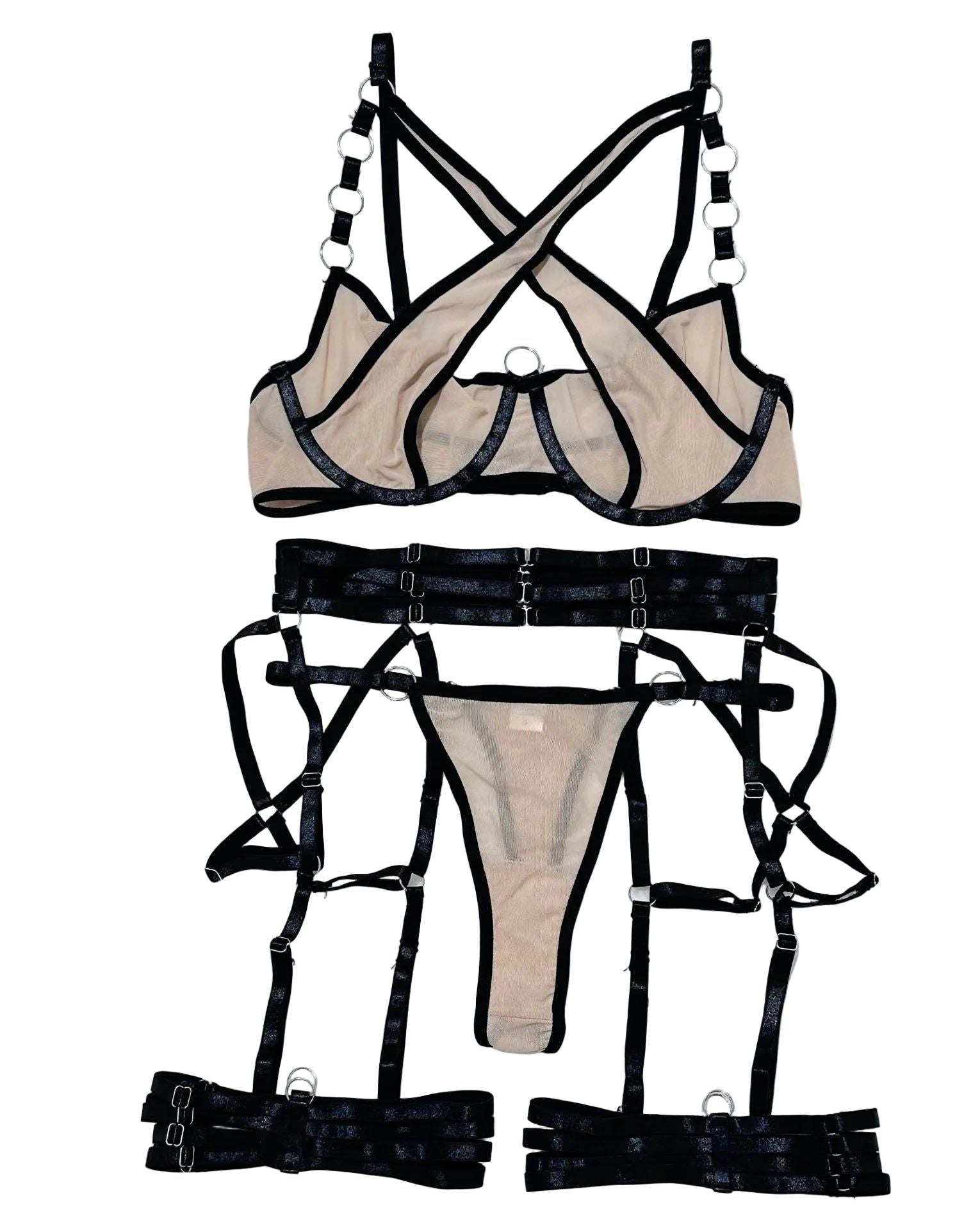 House Of Dasein Cross-Strap Neckline Underwear With Steel Ring Pure Desire Sexy Set For Women - Khaki - M