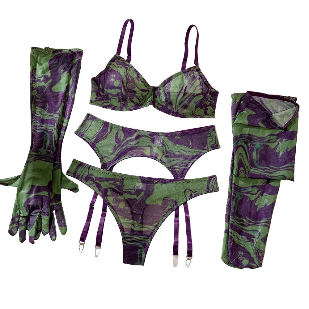 House Of Dasein Erotic Lingerie Set With Gloves And Socks - Sexy Underwear Lace Printed Fabric - Green - S