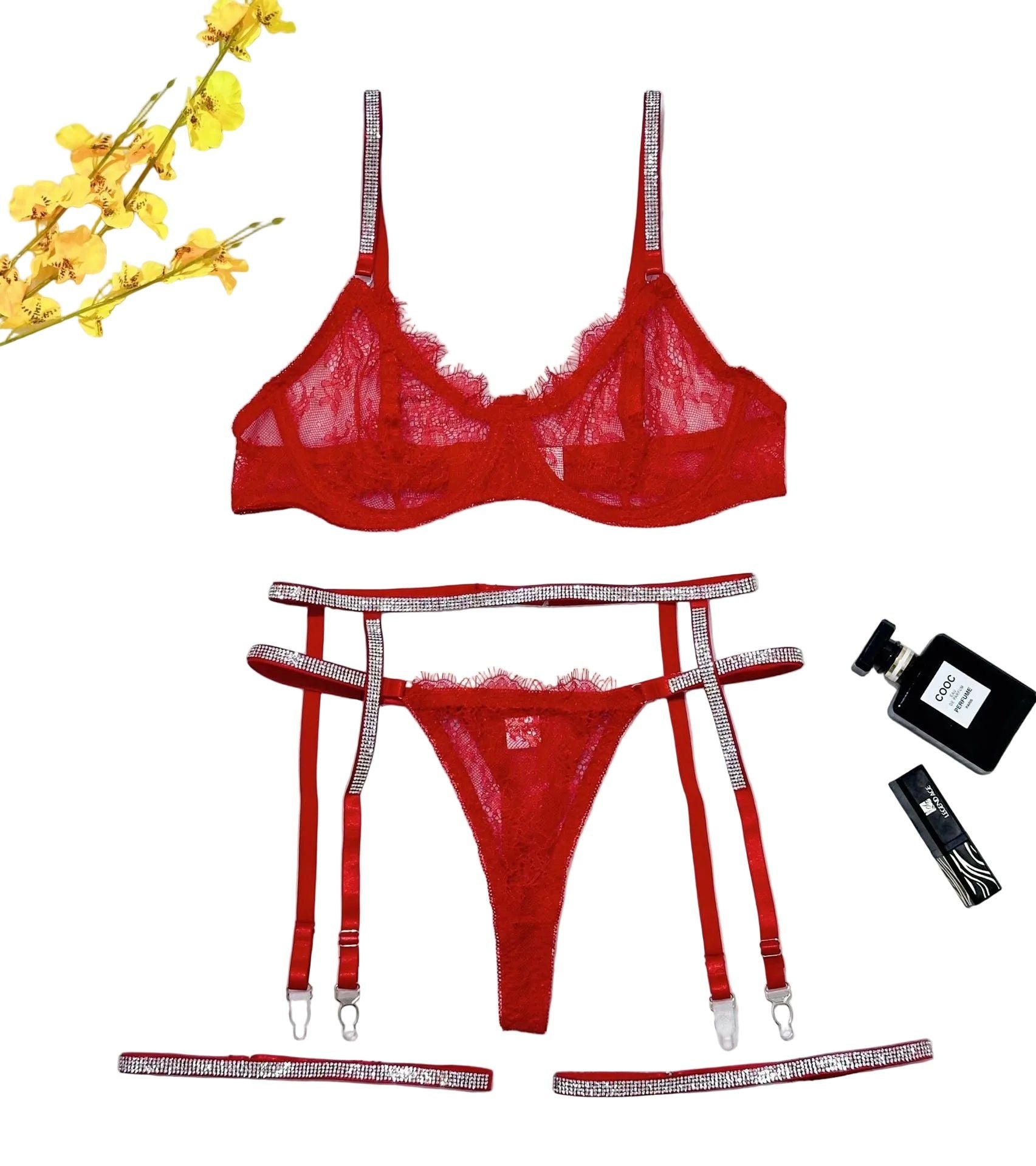 House Of Dasein Cross-Border Sexy Lingerie Lace Trim Rhinestone Transparent Thong Garter Belt Four-Piece Set - Red - L