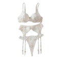 Embroidered Sexy Three-Point Style Erotic Lingerie Gathering Bra Piece Set - White - S