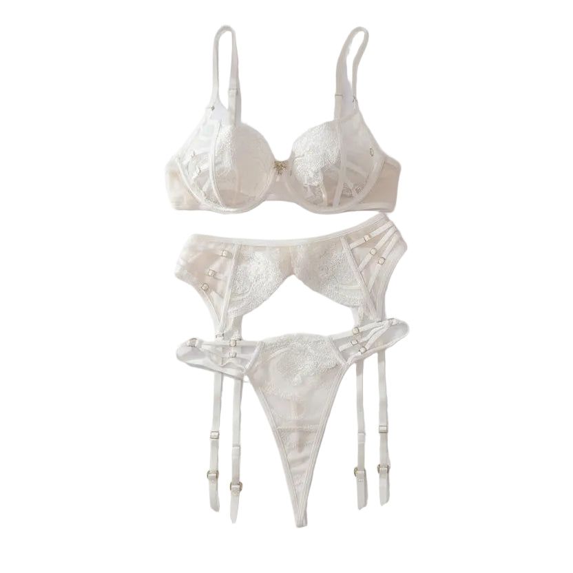Embroidered Sexy Three-Point Style Erotic Lingerie Gathering Bra Piece Set - White - M