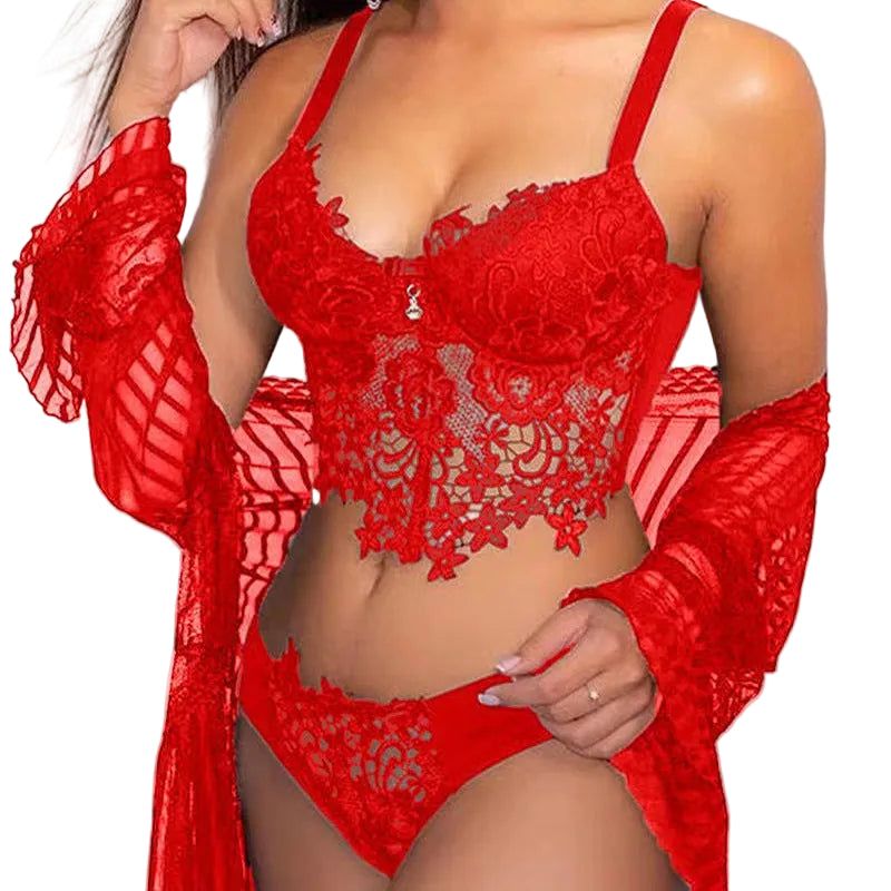 House Of Dasein Cross-Border Sexy Lingerie Seductive Three-Piece Transparent Backless Lace Trim Tempting Sleepwear Two-Piece Set - Red - M