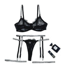 House Of Dasein Cross-Border Sexy Lingerie Lace Trim Rhinestone Transparent Thong Garter Belt Four-Piece Set - Black - M