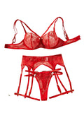House Of Dasein Flower Embroidery Ultra Thin Perspective Sexy Underwear Four Piece Set - Red - L