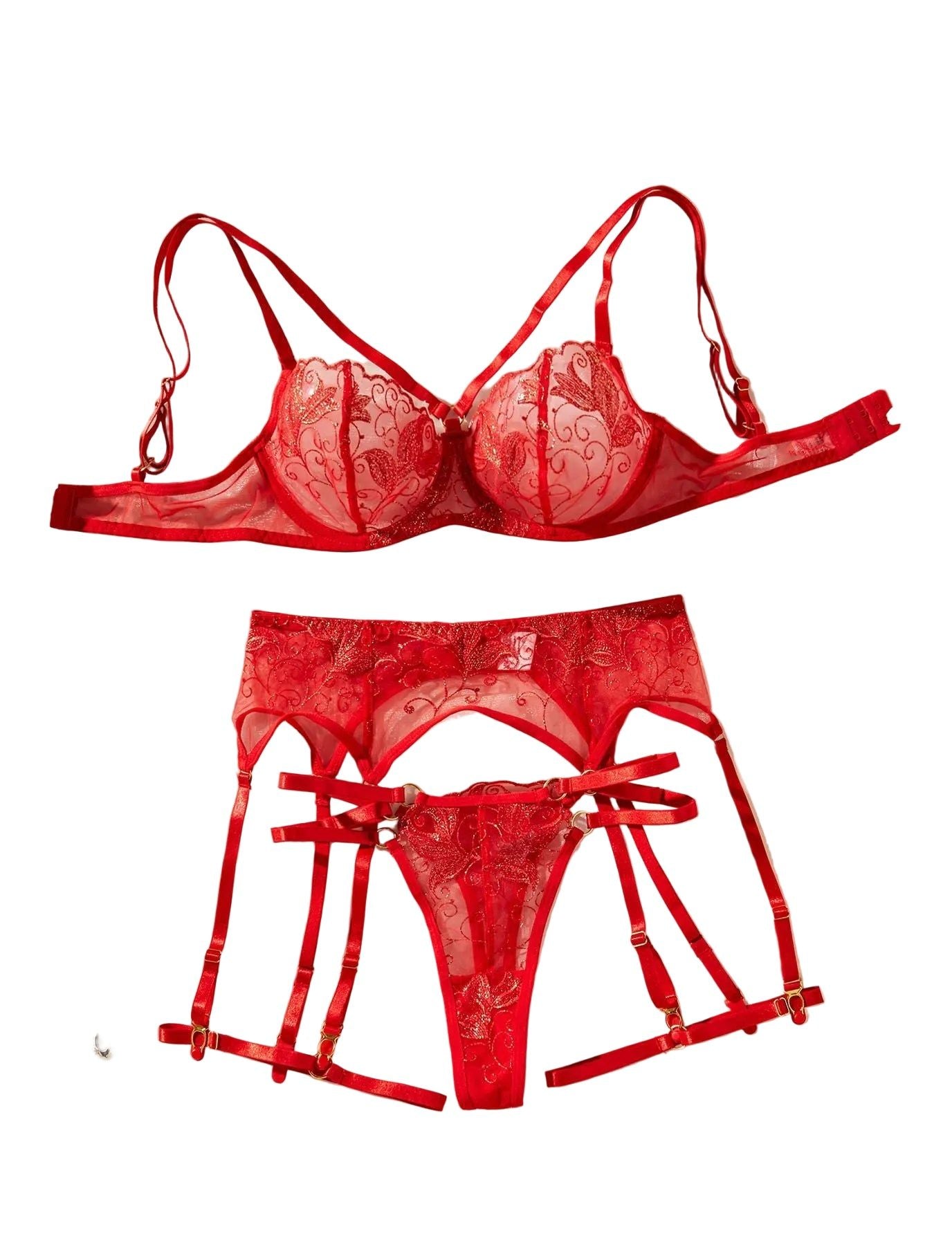 House Of Dasein Flower Embroidery Ultra Thin Perspective Sexy Underwear Four Piece Set - Red - L