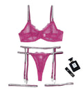 House Of Dasein Cross-Border Sexy Lingerie Lace Trim Rhinestone Transparent Thong Garter Belt Four-Piece Set - Deep Pink - M