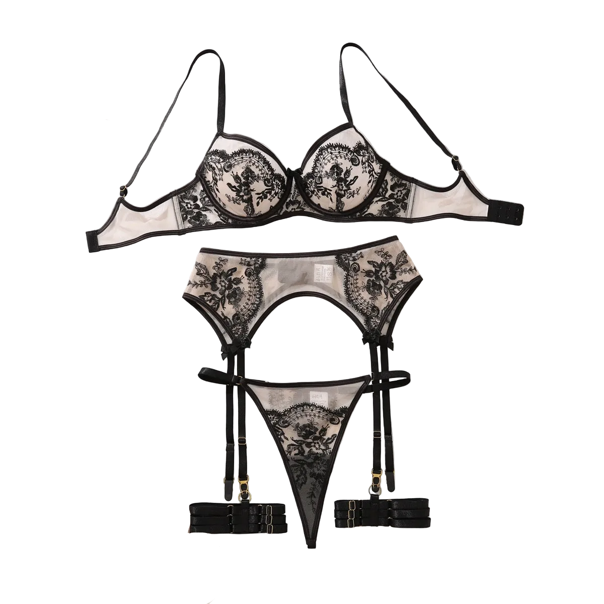 House Of Dasein Embroidered Sexy Bra Set With Mesh And Perspective Lingerie Underwear - Black Skin Color - M